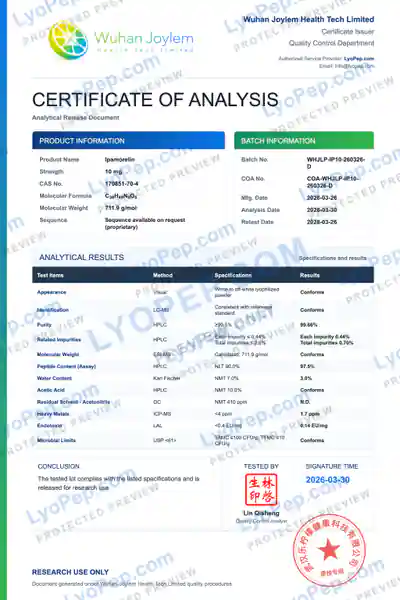 Ipamorelin 10 mg फैक्टरी बैच COA संरक्षित पूर्वावलोकन