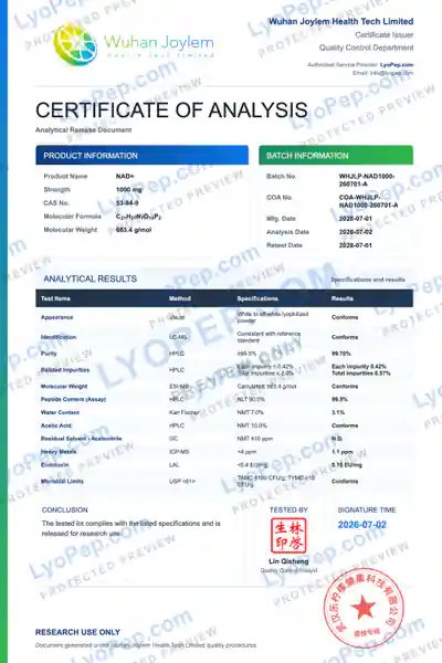 NAD+ 1000 mg فیکٹری بیچ COA محفوظ پیش منظر
